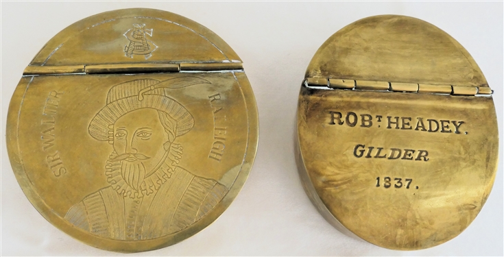 2 Reproduction Brass Snuff Tins - Historic Charleston Reproductions Sir Walter Raleigh and Robt Headey Gilder - 1837 Oval Snuff Box - Sir Walter Raleigh Tin Measures 3 5/8 Across