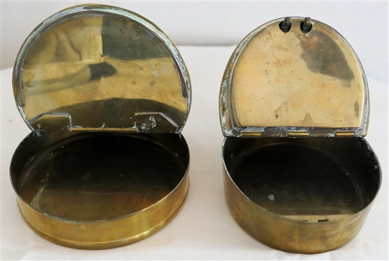 2 Reproduction Brass Snuff Tins - Historic Charleston Reproductions Sir Walter Raleigh and Robt Headey Gilder - 1837 Oval Snuff Box - Sir Walter Raleigh Tin Measures 3 5/8 Across