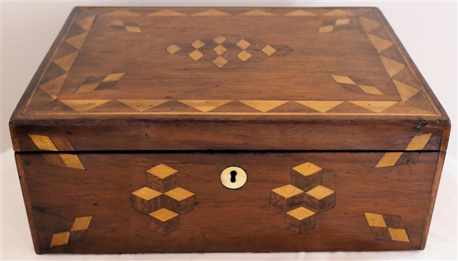Very Nice Walnut Inlaid Box - Unusual Geometric Inlaid Design - Ivory Keyhole - Box Measures 4 Tall 10 1/2 by 8 