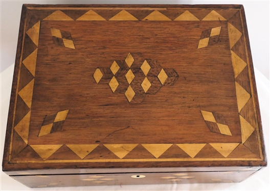 Very Nice Walnut Inlaid Box - Unusual Geometric Inlaid Design - Ivory Keyhole - Box Measures 4 Tall 10 1/2 by 8 