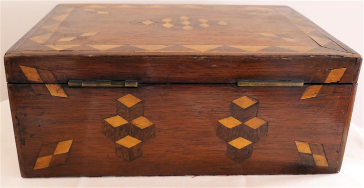 Very Nice Walnut Inlaid Box - Unusual Geometric Inlaid Design - Ivory Keyhole - Box Measures 4 Tall 10 1/2 by 8 