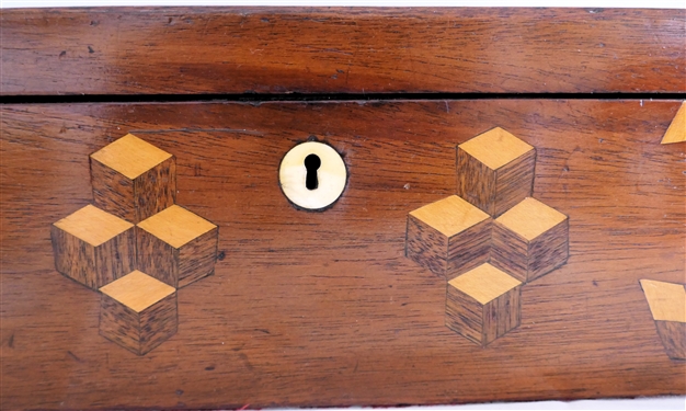 Very Nice Walnut Inlaid Box - Unusual Geometric Inlaid Design - Ivory Keyhole - Box Measures 4 Tall 10 1/2 by 8 