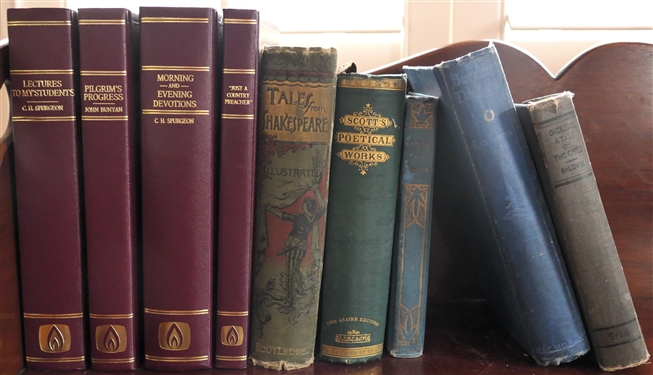 Collection of Books including 4 Leather Cover Religious Books, Dickens A Tale of Two Cities Burning Daylight By Jack London, Scott's Poetical Works Camille and Shakespeare Illustrated