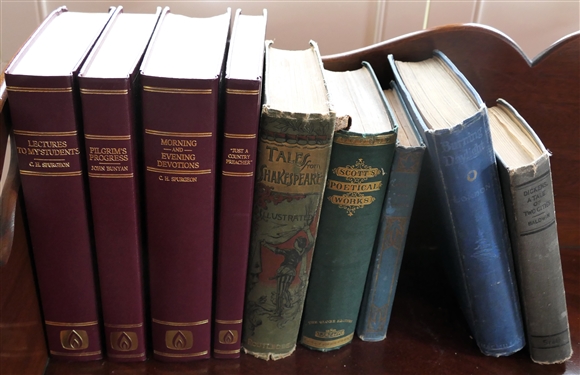 Collection of Books including 4 Leather Cover Religious Books, Dickens A Tale of Two Cities Burning Daylight By Jack London, Scott's Poetical Works Camille and Shakespeare Illustrated