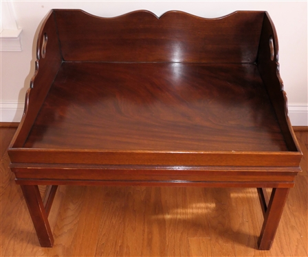 Mahogany Butler's Tray Table - Finely Constructed - Lift Off Tray with Scalloped Back Splash and Sides - Sturdy Stand with Chamfered Legs - Table Measures 24 Tall 30 by 22 1/2 