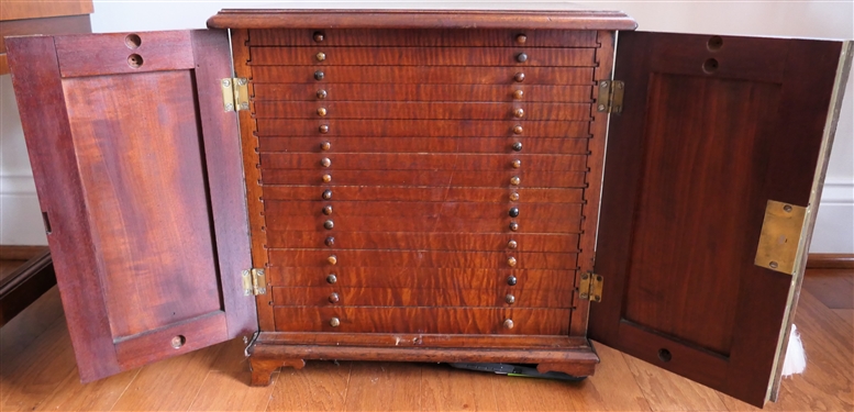 Nice Small Mahogany Specimen / Collectors Cabinet with Graduating Drawers - Wood Knobs, Paneled Doors with Brass Hardware - Missing Part of One Foot - Cabinet Measures 15 Tall 14 1/2 By 11 1/2 -...