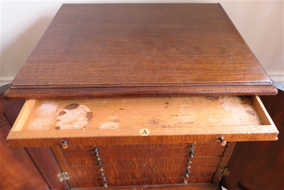 Nice Small Mahogany Specimen / Collectors Cabinet with Graduating Drawers - Wood Knobs, Paneled Doors with Brass Hardware - Missing Part of One Foot - Cabinet Measures 15 Tall 14 1/2 By 11 1/2 -...