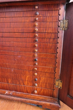 Nice Small Mahogany Specimen / Collectors Cabinet with Graduating Drawers - Wood Knobs, Paneled Doors with Brass Hardware - Missing Part of One Foot - Cabinet Measures 15 Tall 14 1/2 By 11 1/2 -...
