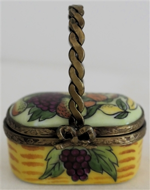 Hand Painted Limoges France Basket of Fruit Pill Box - Metal Hardware and Handle - Signed by Artist GR  - Box Measures 3/4 Tall 1 1/2 by 1 - Not Including Handle
