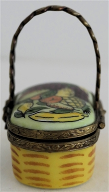 Hand Painted Limoges France Basket of Fruit Pill Box - Metal Hardware and Handle - Signed by Artist GR  - Box Measures 3/4 Tall 1 1/2 by 1 - Not Including Handle