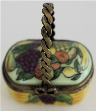 Hand Painted Limoges France Basket of Fruit Pill Box - Metal Hardware and Handle - Signed by Artist GR  - Box Measures 3/4 Tall 1 1/2 by 1 - Not Including Handle