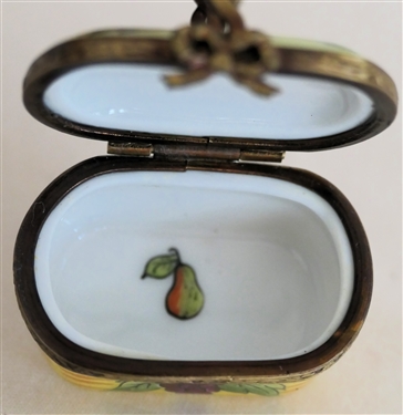 Hand Painted Limoges France Basket of Fruit Pill Box - Metal Hardware and Handle - Signed by Artist GR  - Box Measures 3/4 Tall 1 1/2 by 1 - Not Including Handle