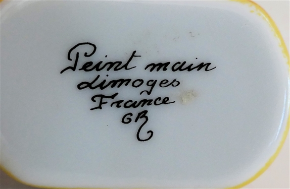 Hand Painted Limoges France Basket of Fruit Pill Box - Metal Hardware and Handle - Signed by Artist GR  - Box Measures 3/4 Tall 1 1/2 by 1 - Not Including Handle