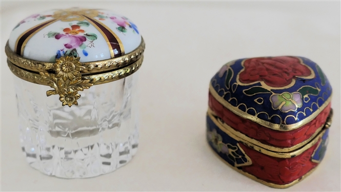 Hand Painted Limoges France Lidded Crystal Box - Hand Painted Porcelain Lid and Heart Shaped Enamel Pill Box - Limoges Box Measures 1 1/2 Tall 1 5/8 Across