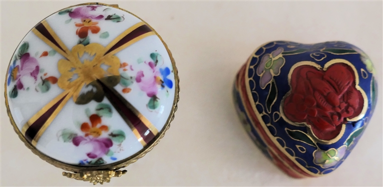 Hand Painted Limoges France Lidded Crystal Box - Hand Painted Porcelain Lid and Heart Shaped Enamel Pill Box - Limoges Box Measures 1 1/2 Tall 1 5/8 Across