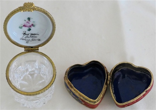 Hand Painted Limoges France Lidded Crystal Box - Hand Painted Porcelain Lid and Heart Shaped Enamel Pill Box - Limoges Box Measures 1 1/2 Tall 1 5/8 Across