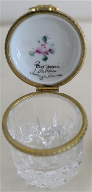 Hand Painted Limoges France Lidded Crystal Box - Hand Painted Porcelain Lid and Heart Shaped Enamel Pill Box - Limoges Box Measures 1 1/2 Tall 1 5/8 Across