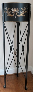 Pretty Modern Black Toleware Plant Stand with Crowns and Scroll Work - Stand Measures 48 Tall 14 1/4 Across - Some Minor Paint Chipping