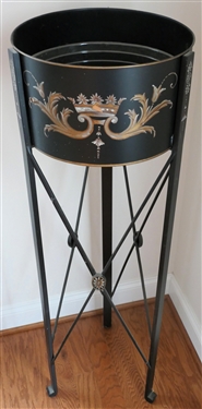 Pretty Modern Black Toleware Plant Stand with Crowns and Scroll Work - Stand Measures 48 Tall 14 1/4 Across - Some Minor Paint Chipping