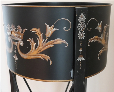Pretty Modern Black Toleware Plant Stand with Crowns and Scroll Work - Stand Measures 48 Tall 14 1/4 Across - Some Minor Paint Chipping