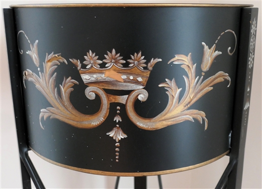 Pretty Modern Black Toleware Plant Stand with Crowns and Scroll Work - Stand Measures 48 Tall 14 1/4 Across - Some Minor Paint Chipping