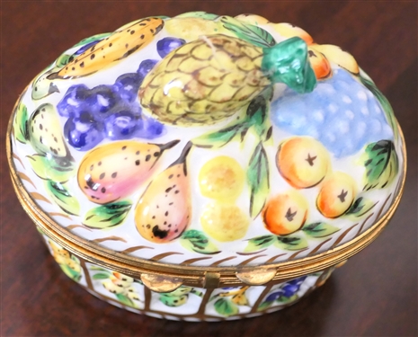 Piolet Limoges Hand Painted Dresser Box with Fruits - Box Measures 3 1/4 Tall 3 1/4 by 2 