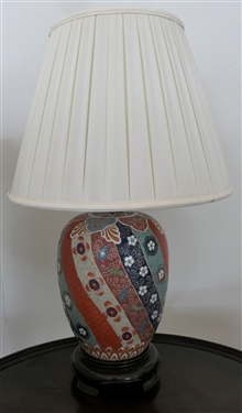 Beautiful Coral and Blue Asian Ginger Jar Style Table Lamp with Wood Base - Nice Clean Shade - Lamp Measures 18 To Bulb