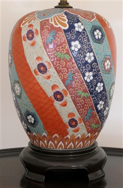 Beautiful Coral and Blue Asian Ginger Jar Style Table Lamp with Wood Base - Nice Clean Shade - Lamp Measures 18 To Bulb