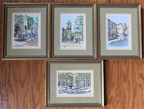 4 Nicely Framed and Matted French Fountain Prints - Each Frame Measures 9 1/4 By 8 3/4 
