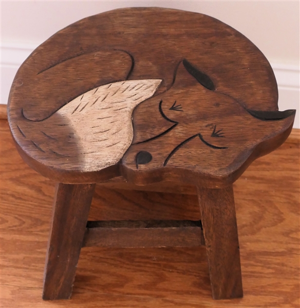 Very Cool Wood Stool With Carved Sleeping Fox - Stool Measures 9 1/2" tall 11" by 9" 