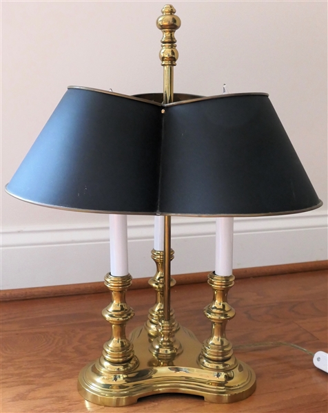 Nice Heavy Brass 3 Light Lamp with Black and Brass Metal Shade - Lamp Measures 20" Tall Overall 