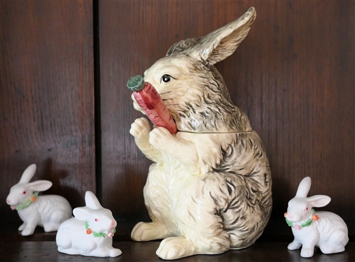 Group of Rabbit Figures - 3 Small Celebrations by Silvestri and 1982 Ceramic Rabbit Jar with Carrot Spoon - From Ruby Ansley Interiors - Jar Measures 7 1/4 Tall 