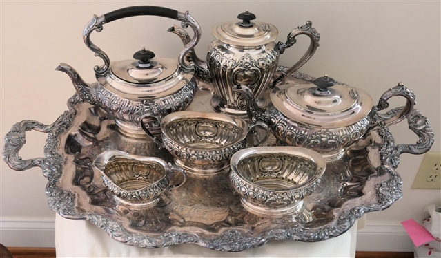Beautiful Cheltenham and Company Sheffield England Silver Plate Tea Service - 6 Pieces, Warming Stand, and Under Tray - Not Monogrammed -Number 02019-  Tray Measures 29 Handle to Handle 