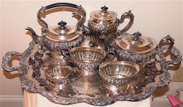 Beautiful Cheltenham and Company Sheffield England Silver Plate Tea Service - 6 Pieces, Warming Stand, and Under Tray - Not Monogrammed -Number 02019-  Tray Measures 29 Handle to Handle 