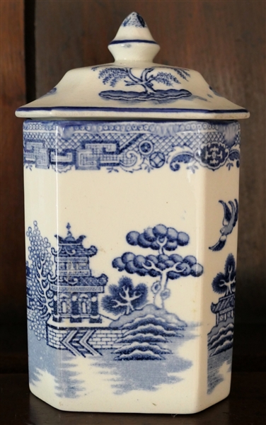 Gibsons England Blue Willow Jar with Lid - Embossed and Stamped on Bottom - Jar Measures 6" Tall 