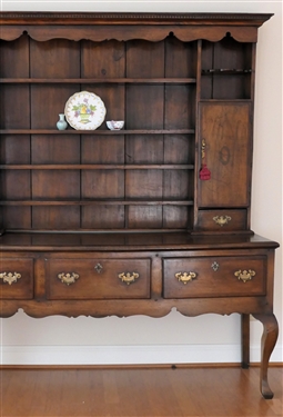 Very Nice Oak Pewter Cupboard - Top with 2 Cabinets and 2 Dovetailed Drawers Flanking Center Mortised Shelves - Cabinet Doors with Inlaid Shells - Top Crown with Dentil Molding and Scalloping -...