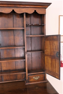Very Nice Oak Pewter Cupboard - Top with 2 Cabinets and 2 Dovetailed Drawers Flanking Center Mortised Shelves - Cabinet Doors with Inlaid Shells - Top Crown with Dentil Molding and Scalloping -...