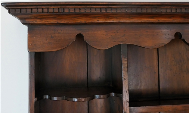 Very Nice Oak Pewter Cupboard - Top with 2 Cabinets and 2 Dovetailed Drawers Flanking Center Mortised Shelves - Cabinet Doors with Inlaid Shells - Top Crown with Dentil Molding and Scalloping -...