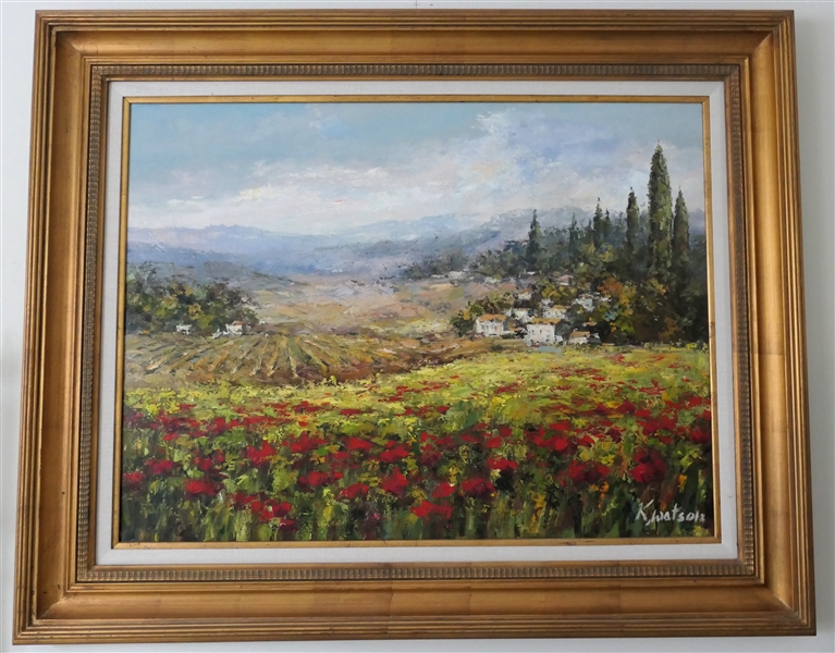 Beautiful Impressionist Style Oil on Canvas Painting by Artist K. Watson - Field of Red Flowers with Village in Background - Framed in Large Gold Frame - Frame Measures 42" by 52"