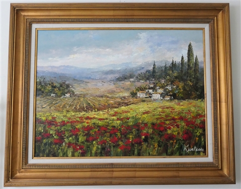 Beautiful Impressionist Style Oil on Canvas Painting by Artist K. Watson - Field of Red Flowers with Village in Background - Framed in Large Gold Frame - Frame Measures 42 by 52