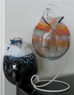 2 Beautiful Hand Blown Art Glass Hanging Vases - Dark Blue and White Measures 6 