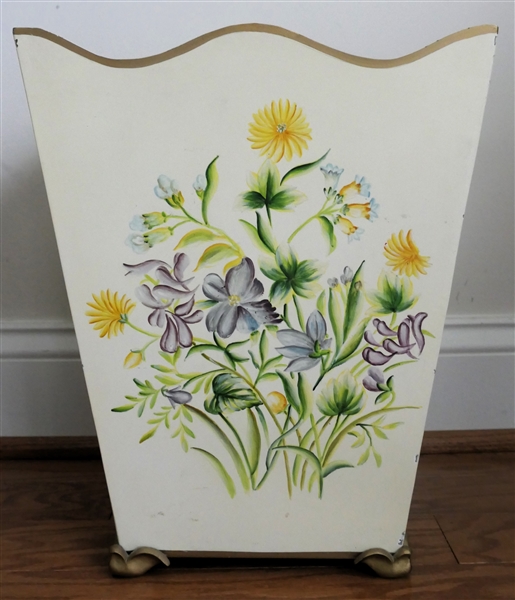 Ruby Ansley Interiors Metal Towle Painted Wastebasket with Blue, Purple, and Yellow Hand Painted Flowers - Trash Can Measures 14" Tall 11 1/2" by 8 3/4"