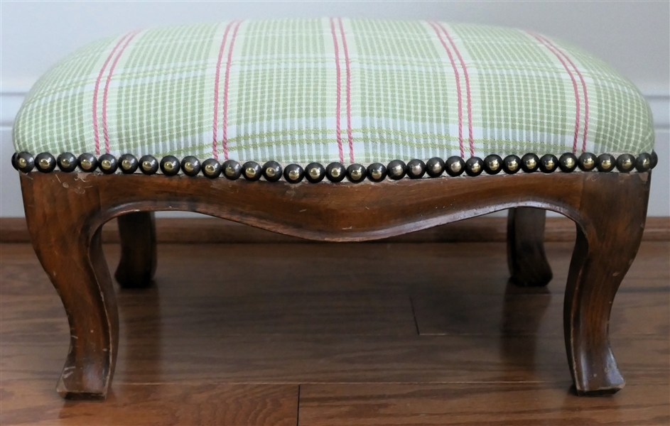 Cute Green and Pink Plaid Foot Stool with Nail Head Trim - Wood Base - Stool Measures 7" Tall 14" By 10 1/2"