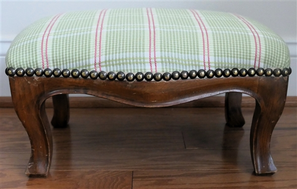 Cute Green and Pink Plaid Foot Stool with Nail Head Trim - Wood Base - Stool Measures 7 Tall 14 By 10 1/2