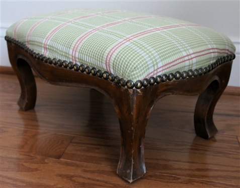 Cute Green and Pink Plaid Foot Stool with Nail Head Trim - Wood Base - Stool Measures 7 Tall 14 By 10 1/2