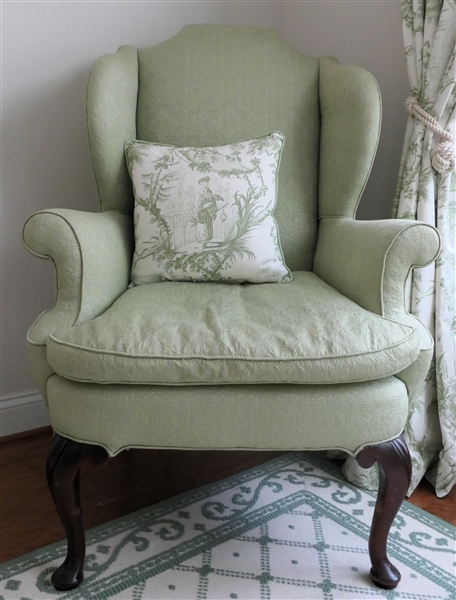 Light Green Brocade Queen Anne Style Wing Back Chair by Ruby Ausley Interiors - Very Clean - Down Cushion - with Green and White Toile Throw Pillow 