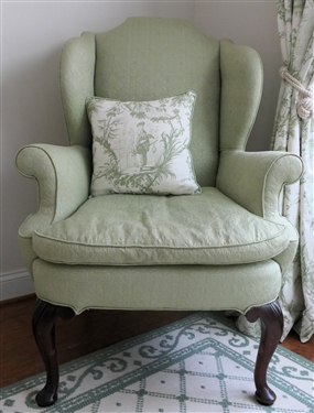 Light Green Brocade Queen Anne Style Wing Back Chair by Ruby Ausley Interiors - Very Clean - Down Cushion - with Green and White Toile Throw Pillow 