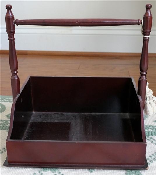 Mahogany Finish Tray / Box with Cream Tassel -Fixed Wood Handle - Tray Measures 11 1/2" Tall 11" by 9" 