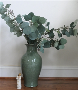 Willow Tree Tapestry Figure Dated 2015 and Celadon Crackle Finish Decorator Vase with Faux Eucalyptus Arrangement - Vase is 14 1/2 Tall 