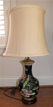 Pretty Chinese Vase Style Table Lamp with Chrysanthemum Flowers, Lotus Blossoms, and Lily Pads - Brass Fittings with Wood Base - Lamp Measures 30 Tall 